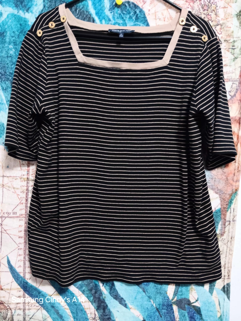 Jones New York Black and Cream Striped Square-Neck Short Sleeve Top